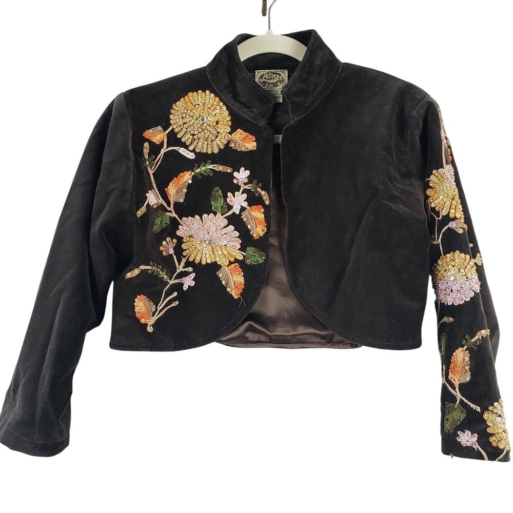 Vintage Size M 24 Karat Sequin Embroidered Floral Crop Jacket Brown Art‎ To Wear